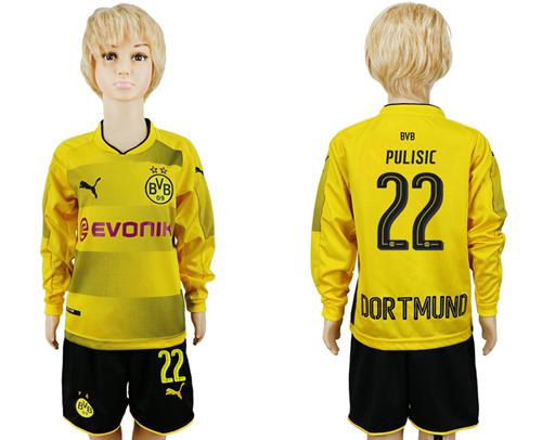 Dortmund #22 Pulisic Home Long Sleeves Kid Soccer Club Jersey - Click Image to Close